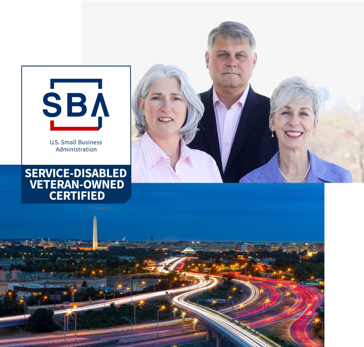 image collage with the SBA Service-Disabled Veteran-Owned Certified Small business logo badge overlaying an image of MNB leadership team and fast moving traffic skyline view of Washington DC.