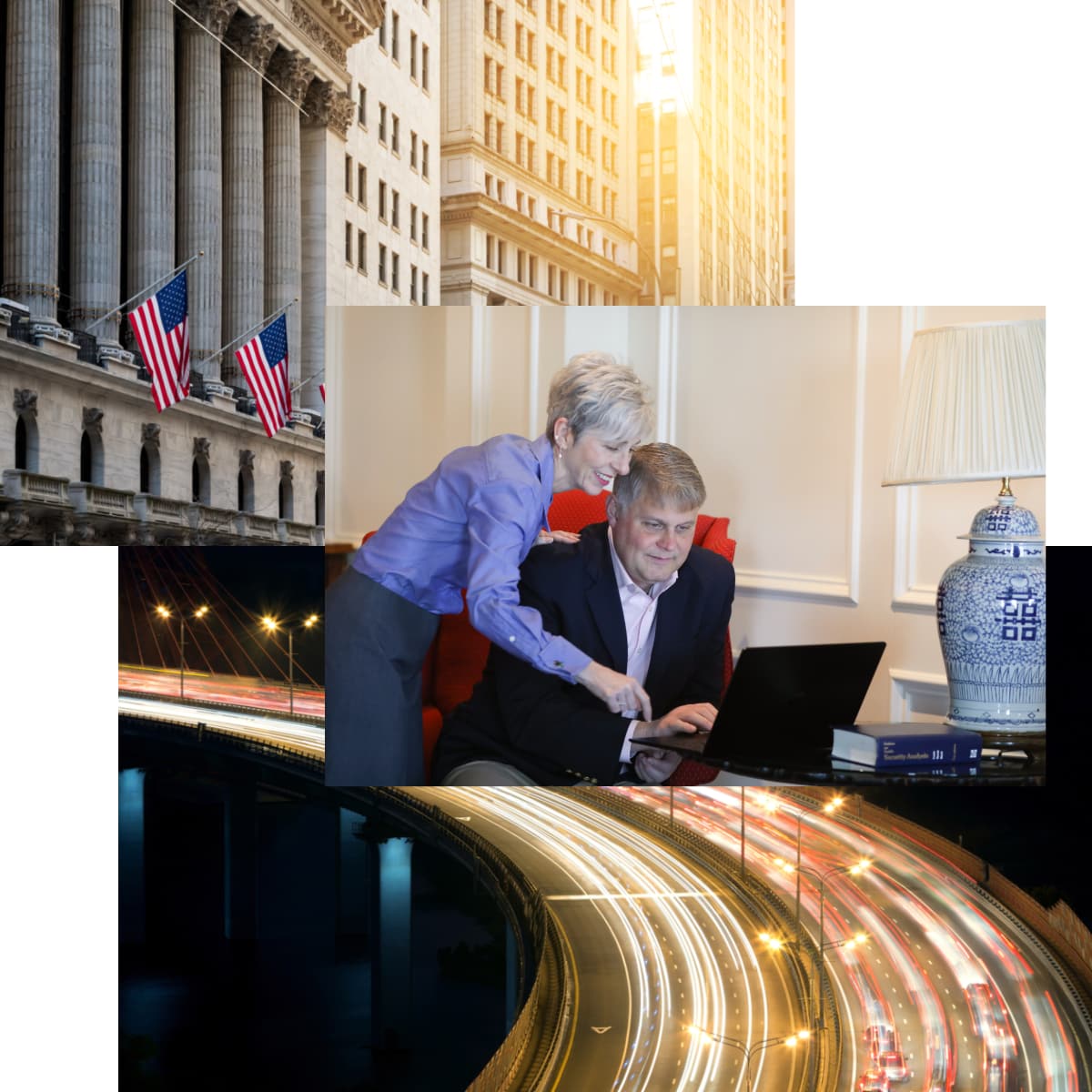 image collage of 3 flags on a Wall Street building, MNB leadership Christopher and Charlotte looking over laptop, and fast traffic moving on a curved freeway bridge